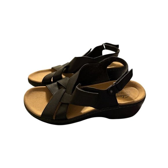 Clarks Womens Meriliah Black Leather Adjustable Strap Wedge Sandal Size 7.5 NWOB - Picture 4 of 10